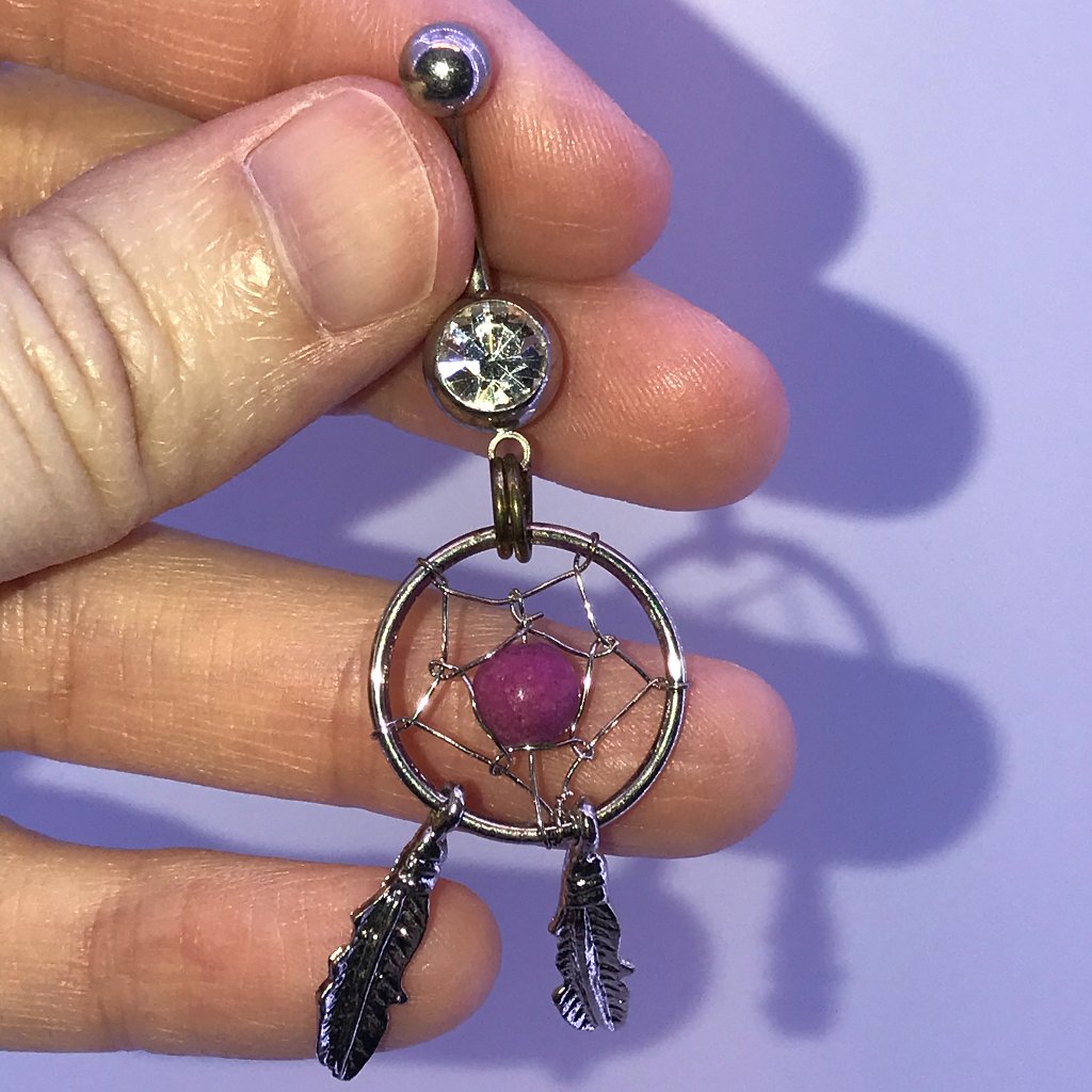 14 Gauge Dream Catcher Belly Ring, Clear Gem With Purple Bead And A Gold Split R